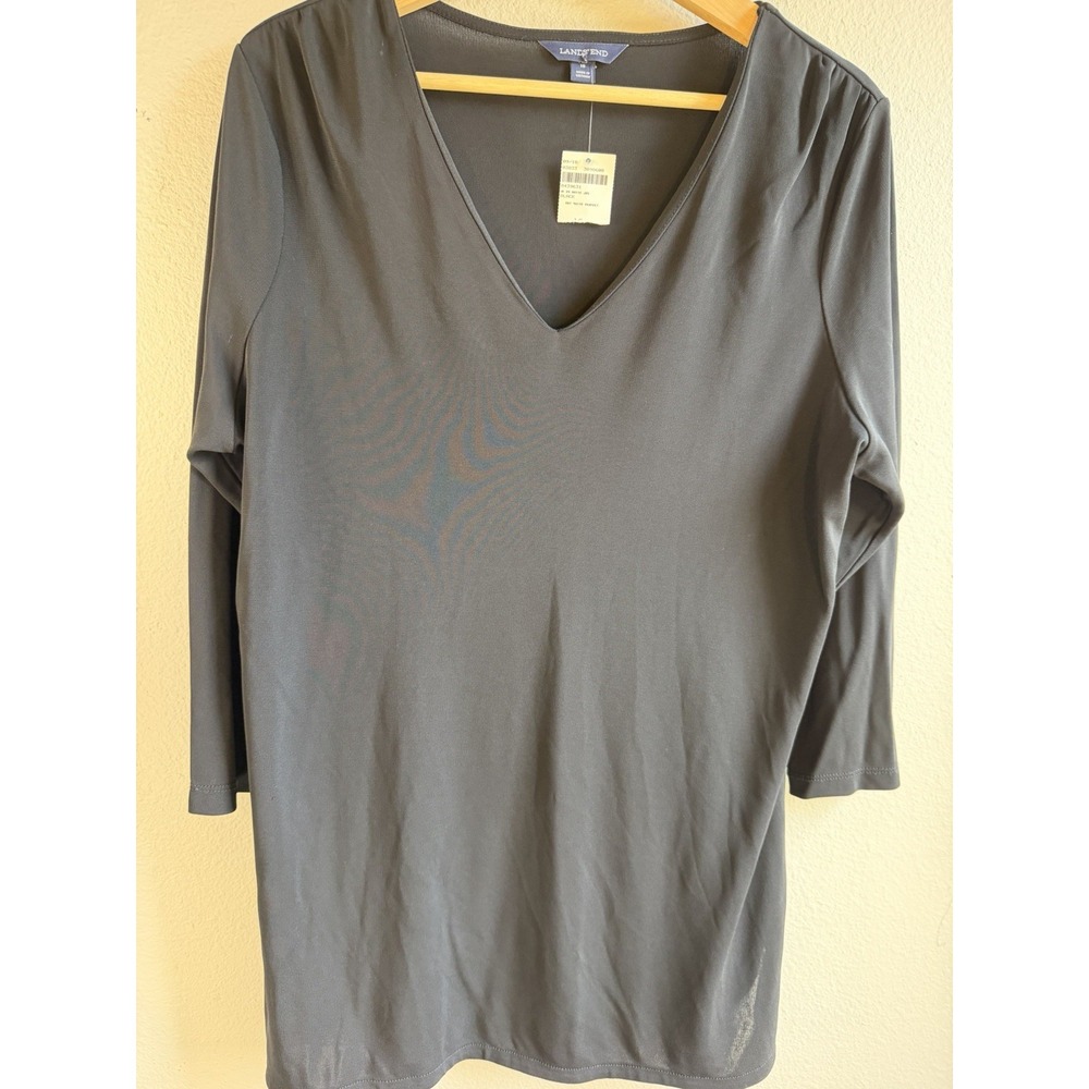 NWT Lands' End Women's Black Solid V-Neck 3/4 Sleeve Pullover Top Size XL